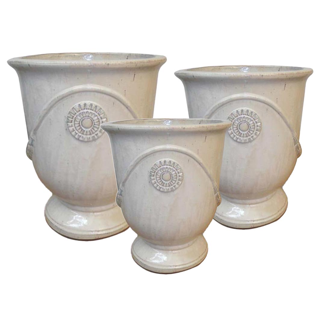 Medallion Glazed Ceramic Urn set of 3 in Cream finish