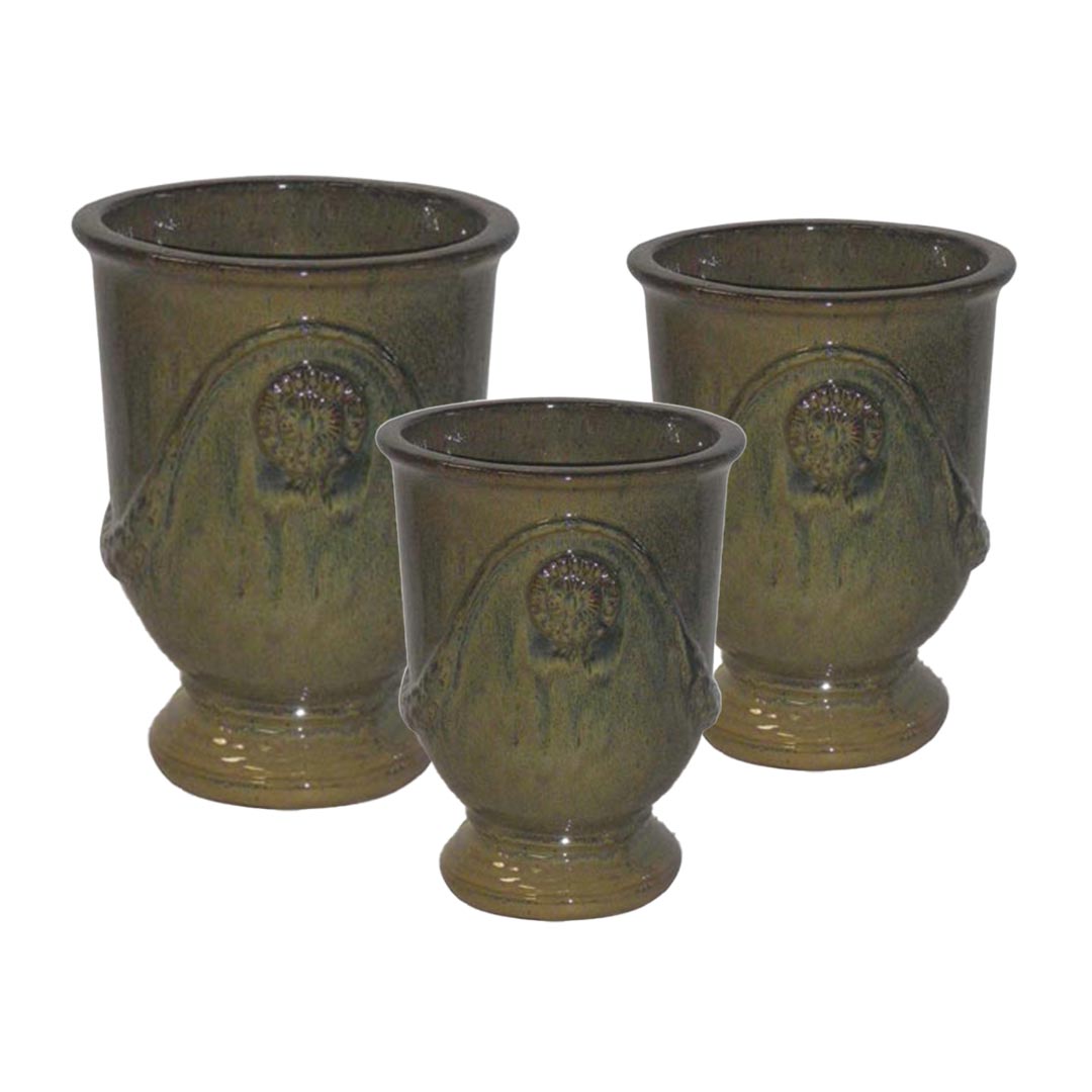 Medallion Glazed Ceramic Urn set of 3 in Moss finish