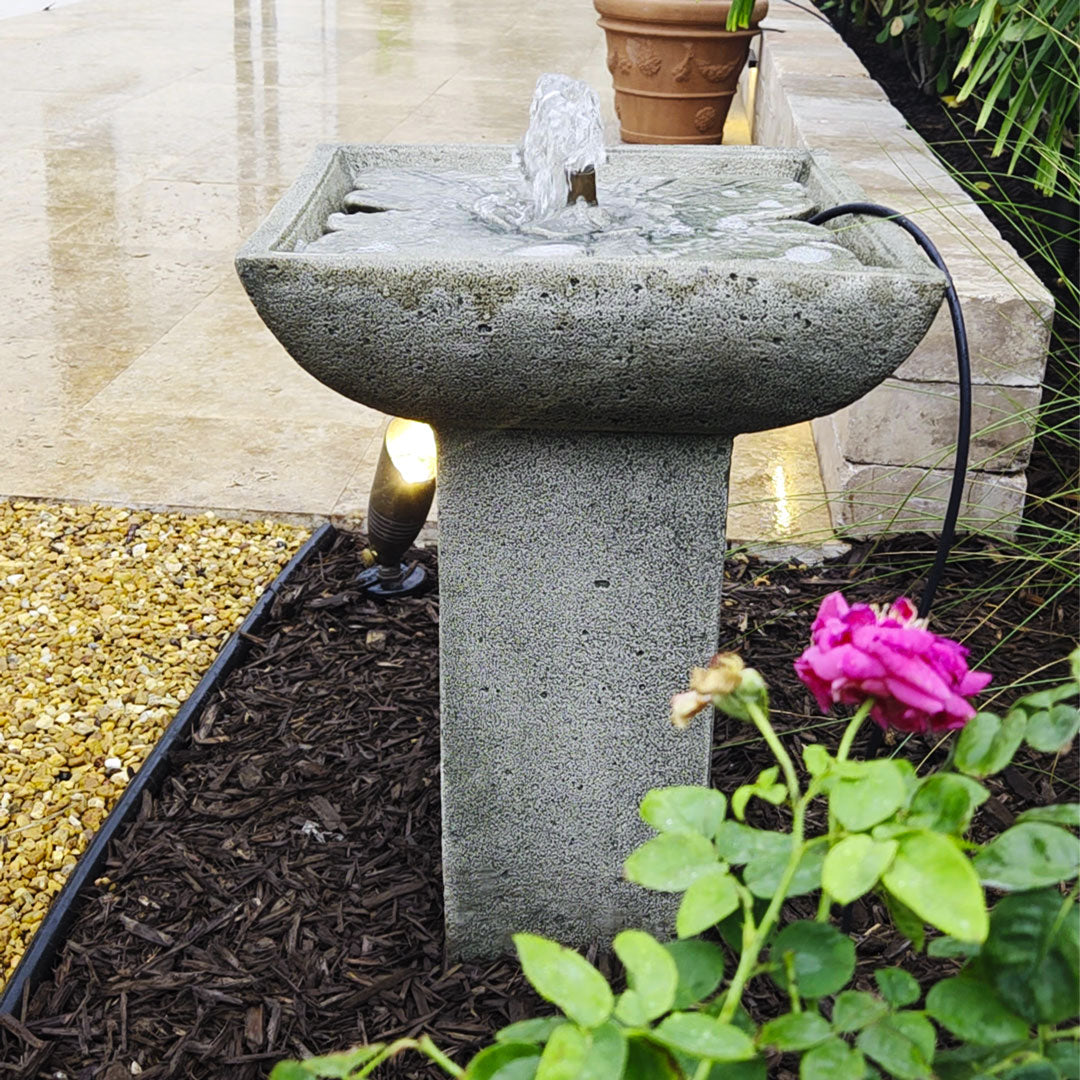 Close-up of the Andra Fountain showing bubbling water and decorative floral basin detail