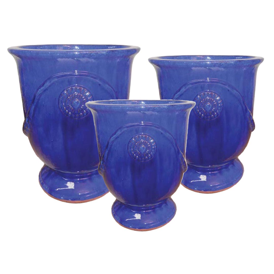 Medallion Glazed Ceramic Urn set of 3 in Blue finish
