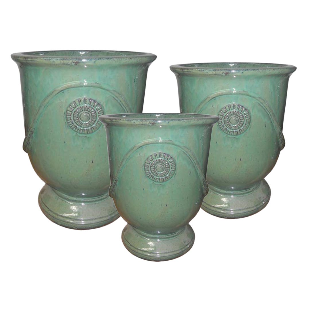 Medallion Glazed Ceramic Urn set of 3 in Country Green finish
