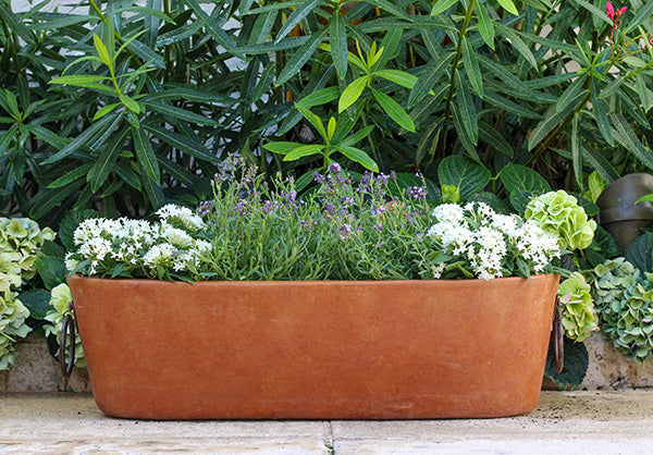 Medium Oblong Planter with Iron Handles handcrafted garden piece.