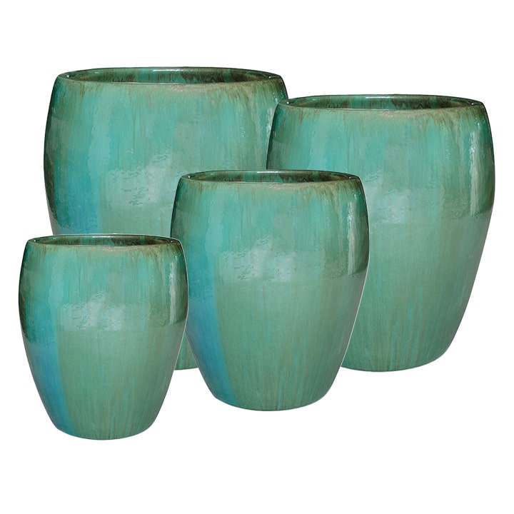Tall Belly Planter Set - Glazed Ceramic Garden Pots (4 Pieces) - Aqua