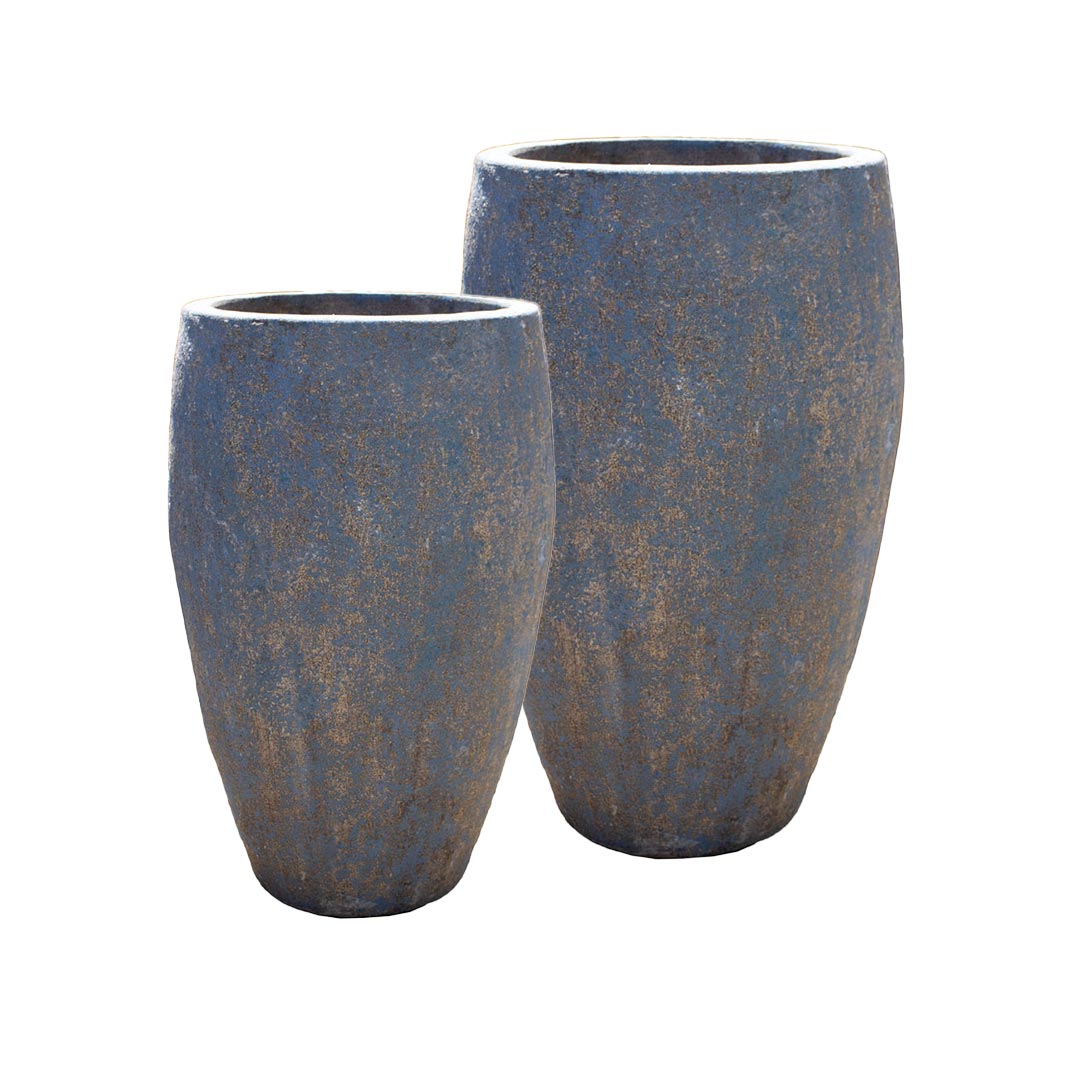 Cocos Tall Egg Planter Set of 2 in Lava Brown over Aqua.