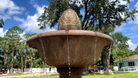 Close-up of the Wiltshire Fountain's upper basin with water spilling evenly into the lower basin