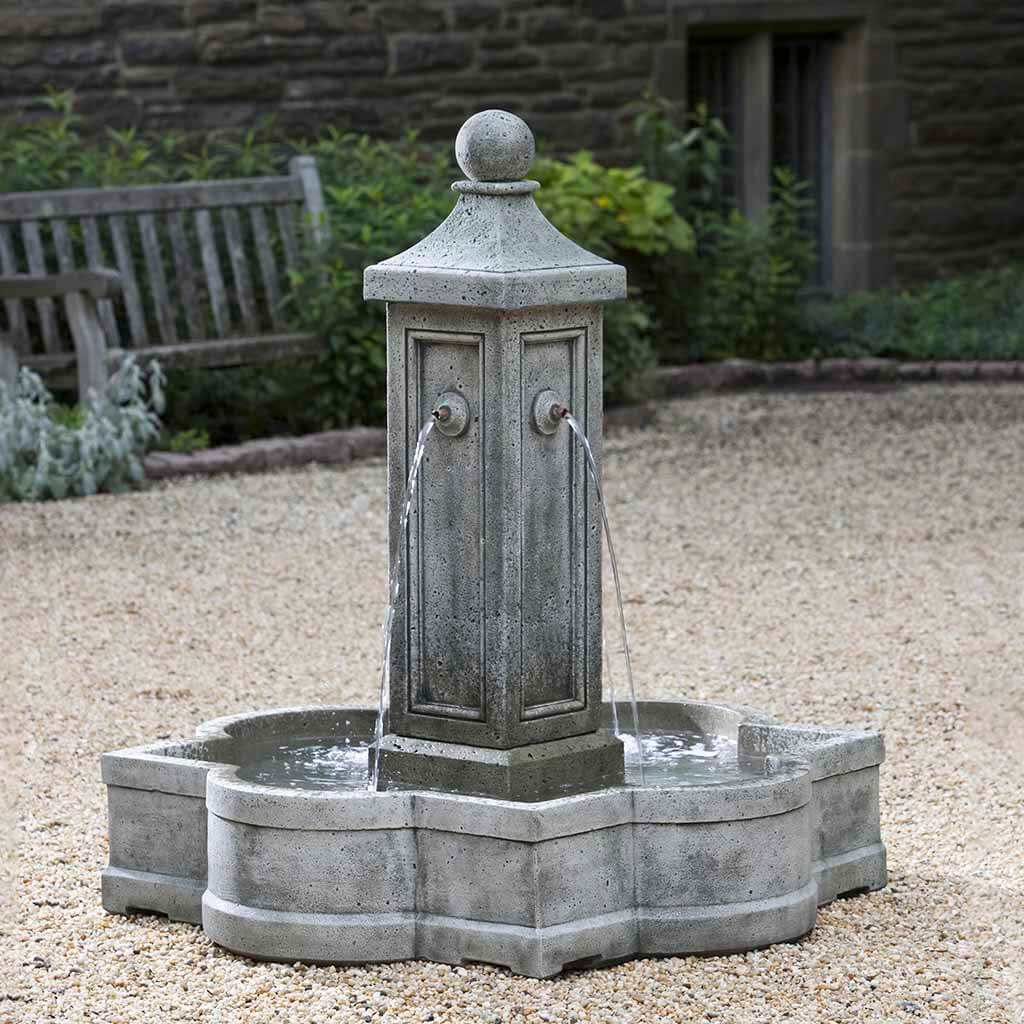Provence Fountain cast stone outdoor fountain with four water spouts and decorative column centerpiece