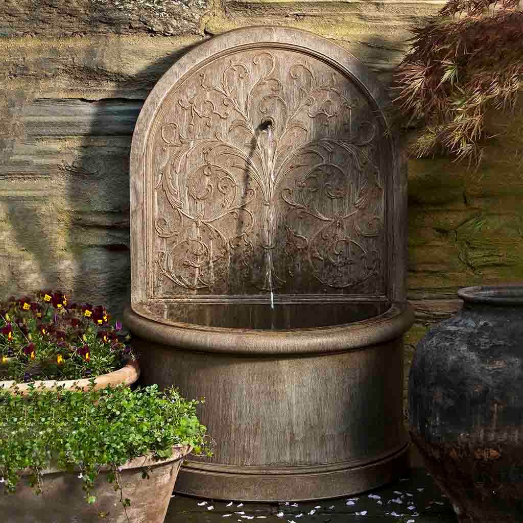 Corsini Wall Fountain outdoor garden fountain in Aged Limestone finish