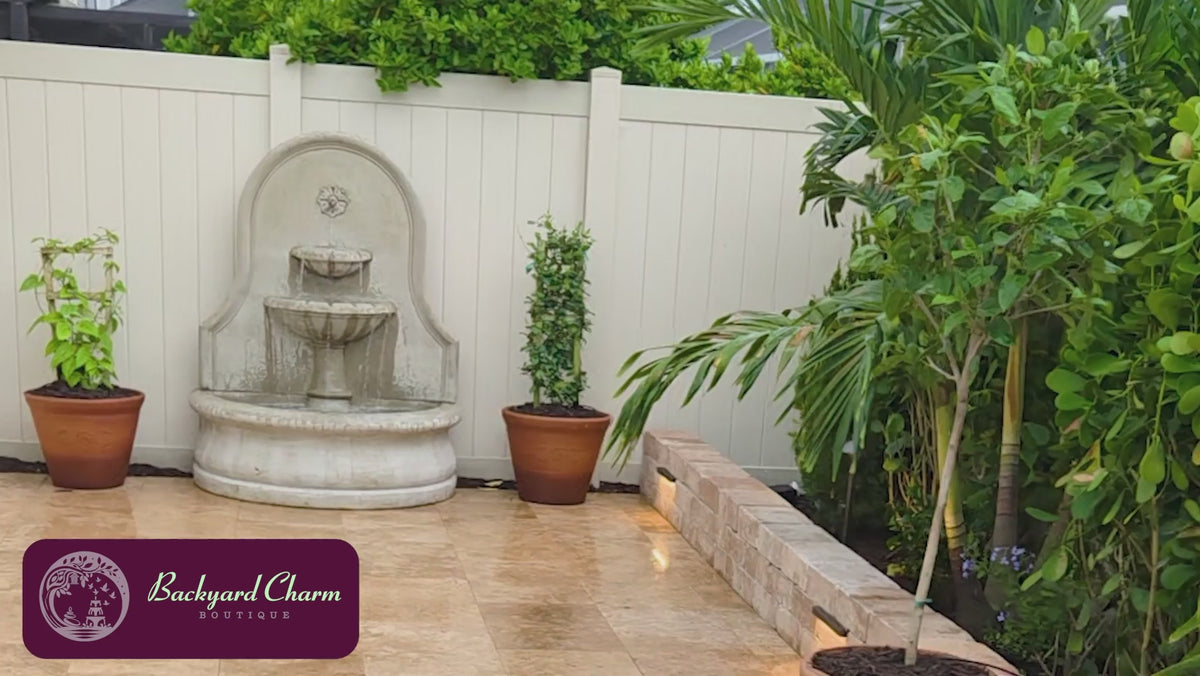Estancia Wall Fountain with flowing water and natural water sound in an outdoor landscape