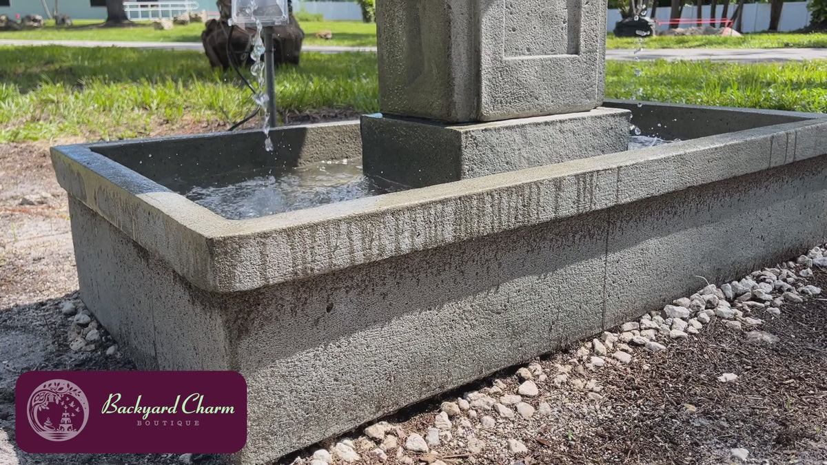 Austin Fountain with cascading water in a landscaped outdoor setting